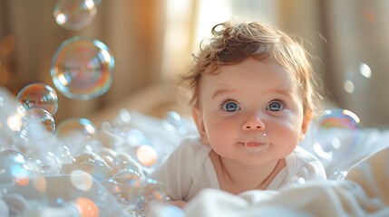 A baby with blue eyes looks up in wonder at a floating bubble.