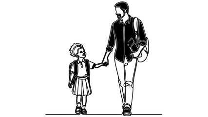 A black father walks daughter to school line art vector
