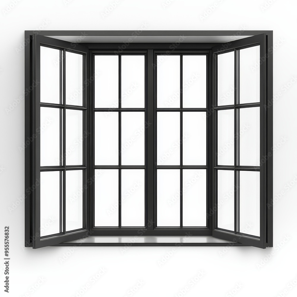 Poster an elegant black windowpane with multiple panes showcasing a minimalist design and isolated against 
