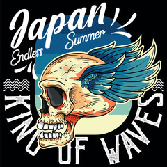 Illustration of a skull with wings in vibrant colorful tattoo style!!! Texts in urban, sporty and beach surf style. California paradise city, spots and images of big waves. Skate beach