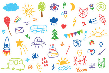 Cute kid flower, cloud, sun, summer illustration. Hand drawn doodle color sketch children cute vector school chalk background. Kids doodle crayon style line flower, cloud doodle pattern. Vector.