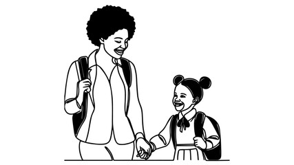 A black mother and daughter going to school line art drawing