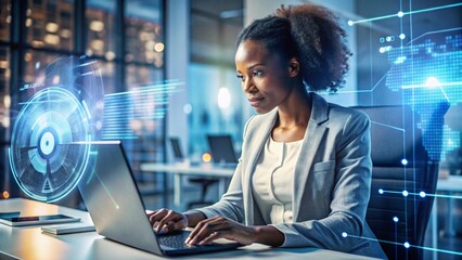 A black woman working in an office and a futuristic concept of a graphical user interface. ICT (information and communication technology). Systems engineering.