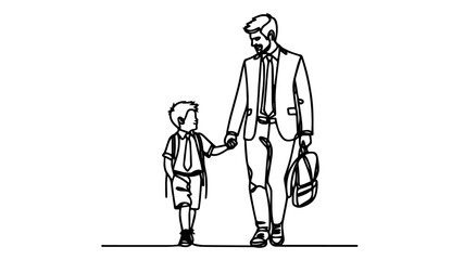 a father holding the hand of his son line art illustration