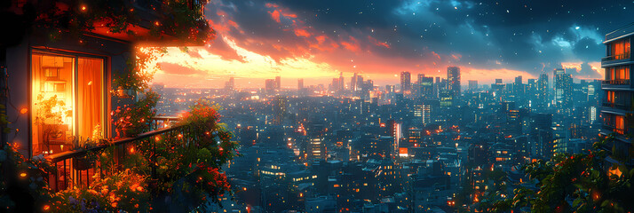 Fototapeta premium Chill Anime Balcony – Lofi Vibes with Plants and City in the Distance