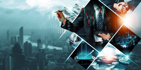 Futuristic business digital financial data technology concept for future big data analytic and business intelligence research for businessman analyst invest decisions making panoramic banner kudos