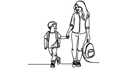 a mother holding the hand of her smiling child line art drawing vector