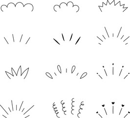 Doodle shine sunburst sparkle ray elements. Hand drawn pop surprise line frame, vector illustration