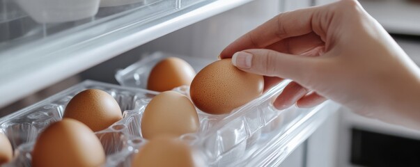 Close-up of a woman's hand placing a brown egg into a transparent egg tray inside a refrigerator for storage and organization