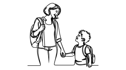 a mother holding the hand of her smiling child wearing a backpack line art drawing vector