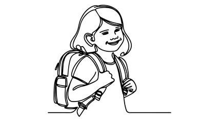 a smiling schoolgirl wearing a backpack line art vector