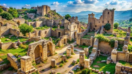 Obraz premium Ancient ruins with stone architecture and lush greenery, scenic landscape, copy space