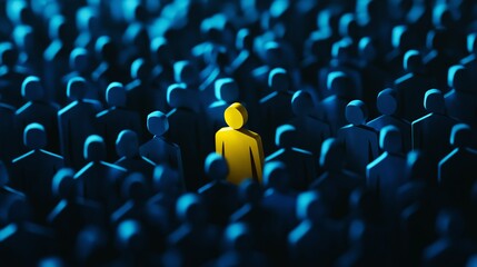 Yellow figure standing alone among a crowd of blue figures, emphasizing isolation and uniqueness


