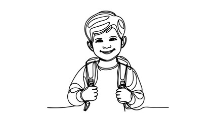 a smiling child wearing a backpack line art drawing