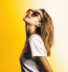 Fototapeta premium Stylish woman wearing sunglasses, posing confidently against a vibrant yellow background, capturing a trendy summer vibe.