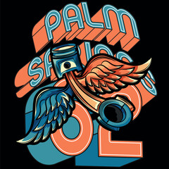 Illustration of a piston with wings in tattoo-style tones with texts in urban motorcycle and California style, background with urban and summer texture.