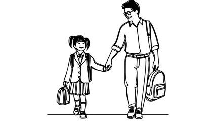 An asian father holding the hand of his smiling daughter wearing a school uniform one linevector