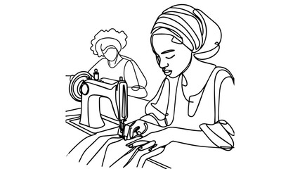 african Seamstress Concentrating on Sewing Fabric in Her Workshop line art drawing