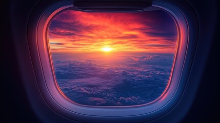 A vibrant sunset seen from an airplane window, with the sky ablaze in colors and the horizon stretching endlessly.