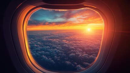 Fototapeta premium A vibrant sunset seen from an airplane window, with the sky ablaze in colors and the horizon stretching endlessly.