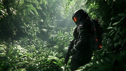 Seasoned Bounty Hunter Tracks Prey Through Lush Jungle With Tactical Gear and Augmented Senses