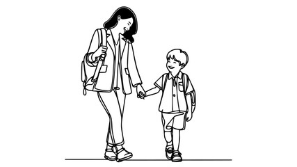 asian mother with son on way to school line art drawing