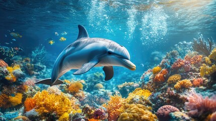 Obraz premium A vibrant underwater scene featuring a playful dolphin and a diverse array of marine life, capturing the excitement and beauty of the ocean with ample copy space.