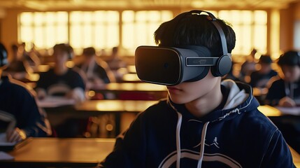 Student engages in virtual reality learning, exploring immersive experiences in a classroom setting with peers.