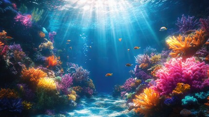 A vibrant underwater scene with colorful coral reefs and schools of tropical fish swimming among the coral, illuminated by sunlight filtering through the water.