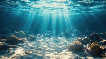 Fototapeta premium A vibrant underwater scene with sunlight filtering through the water, illuminating the ocean floor, perfect for aquatic themes with ample copy space.