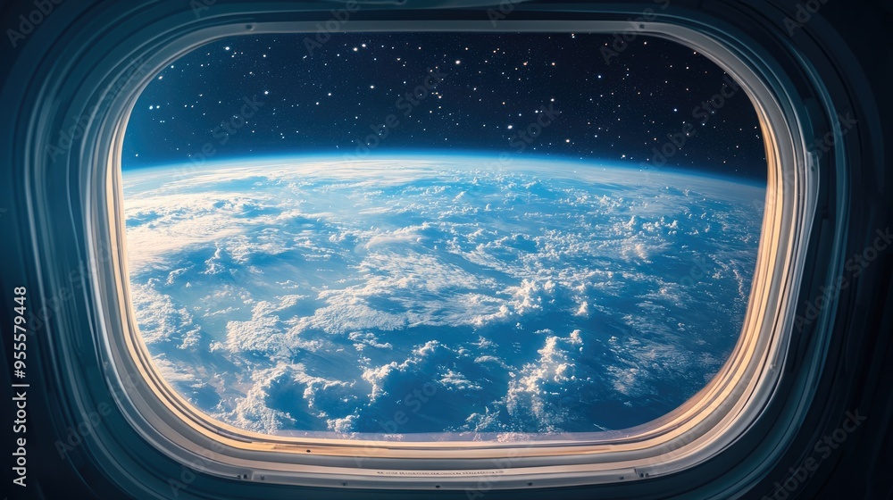 Poster a view from a spacecraft window showcasing the earth and space beyond, ideal for space travel conten