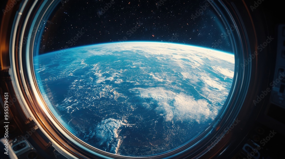 Poster a view from a spacecraft window showcasing the earth and space beyond, ideal for space travel conten