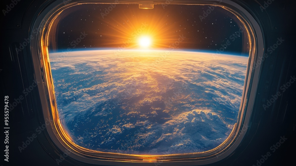 Poster a view from a spacecraft window showcasing the earth and space beyond, ideal for space travel conten