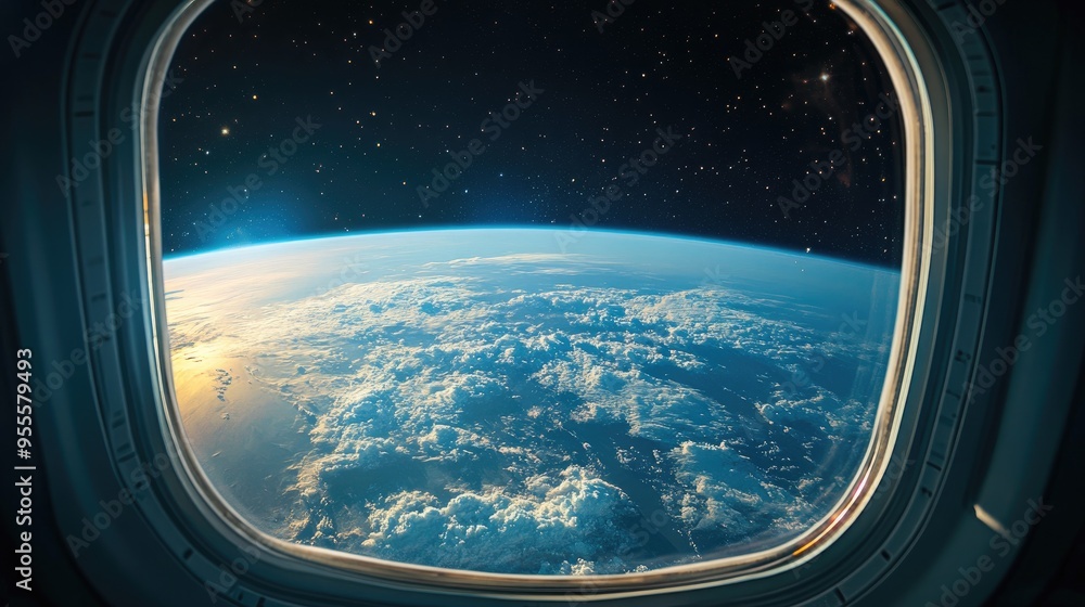 Poster a view from a spacecraft window showcasing the earth and space beyond, ideal for space travel conten
