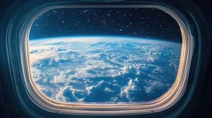 A view from a spacecraft window showcasing the Earth and space beyond, ideal for space travel content. Clear space for copy.