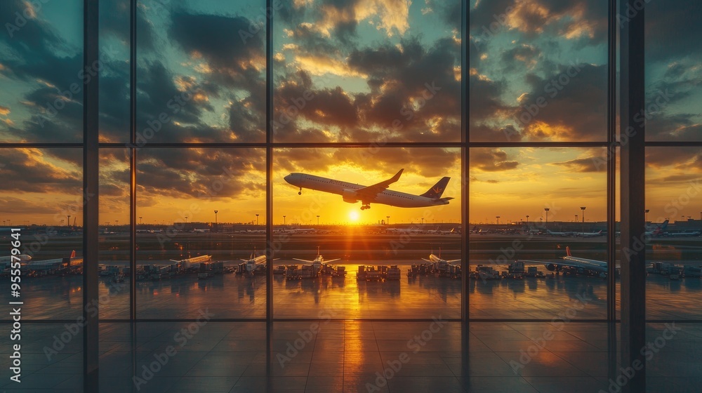 Poster a view from the airport terminal windows, showing an airplane taking off against a sunset. spacious 