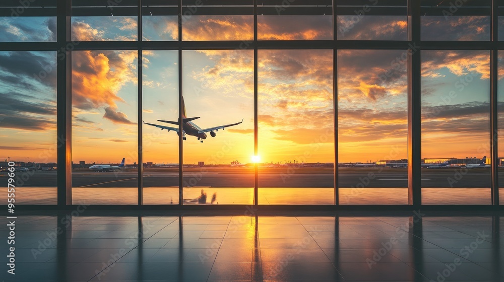 Poster a view from the airport terminal windows, showing an airplane taking off against a sunset. spacious 