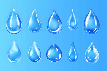 Realistic water droplets vector style set isolated on blue background