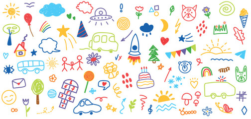 Hand drawn colored set of simple decorative childish elements. Various kid outline icons. Various simple vector illustrations such as hearts, crowns, cloud, sun, flowers, stars, houses, trees, lines.
