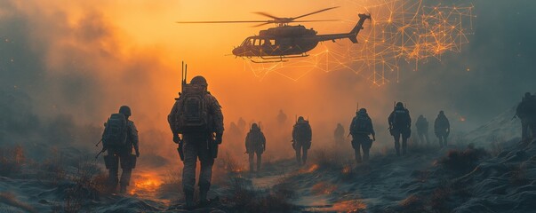 Soldiers Marching Under a Glowing Sunset with Helicopter Support and Digital Network, Representing Military Strategy and Unity