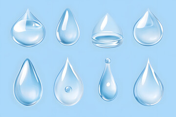 Realistic water droplets vector style set isolated on blue background