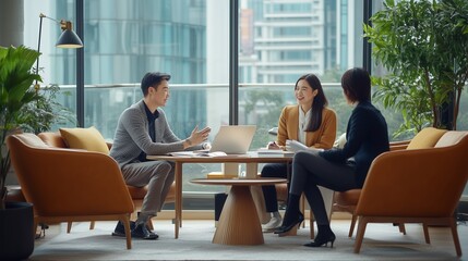 Three professionals casually discussing ideas in a modern office space with large windows overlooking a city skyline