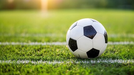 Fototapeta premium A close-up view of a soccer ball resting on a freshly mowed field, capturing the essence of sport and outdoor activity.