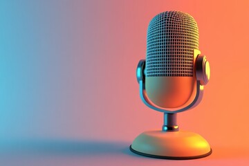 A close-up of a vintage microphone illuminated with soft orange and blue lighting on a gradient background