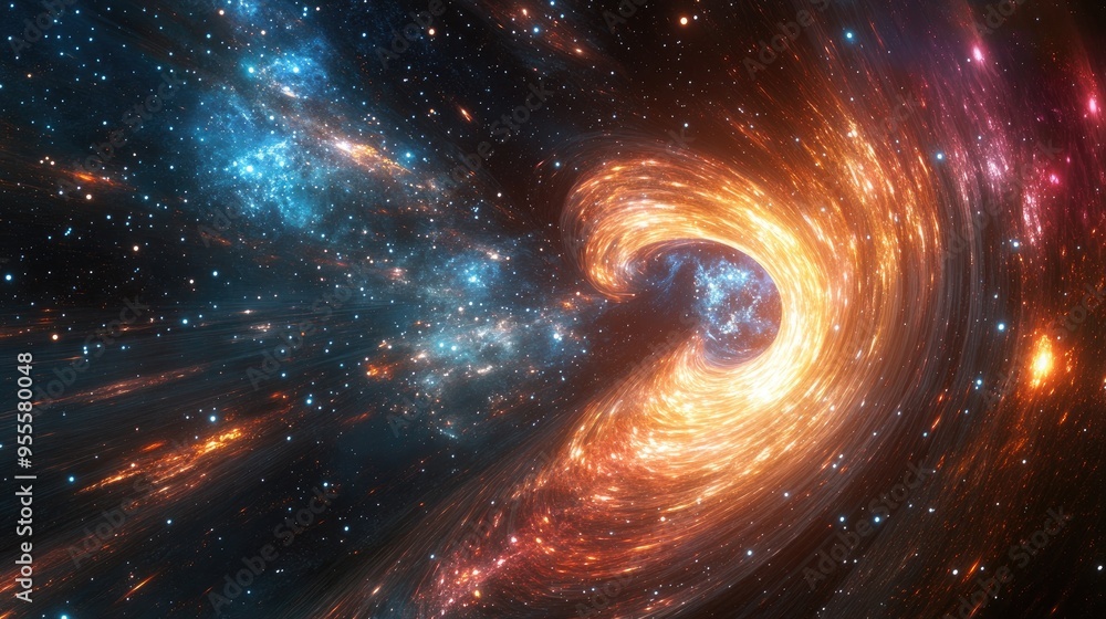 Poster a view of the cosmos distorted by the effect of hyperspace travel, creating a sense of depth and spe