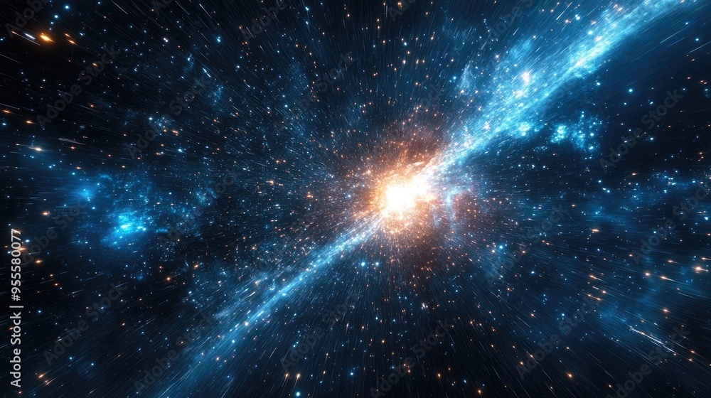 Poster a view of the cosmos distorted by the effect of hyperspace travel, creating a sense of depth and spe