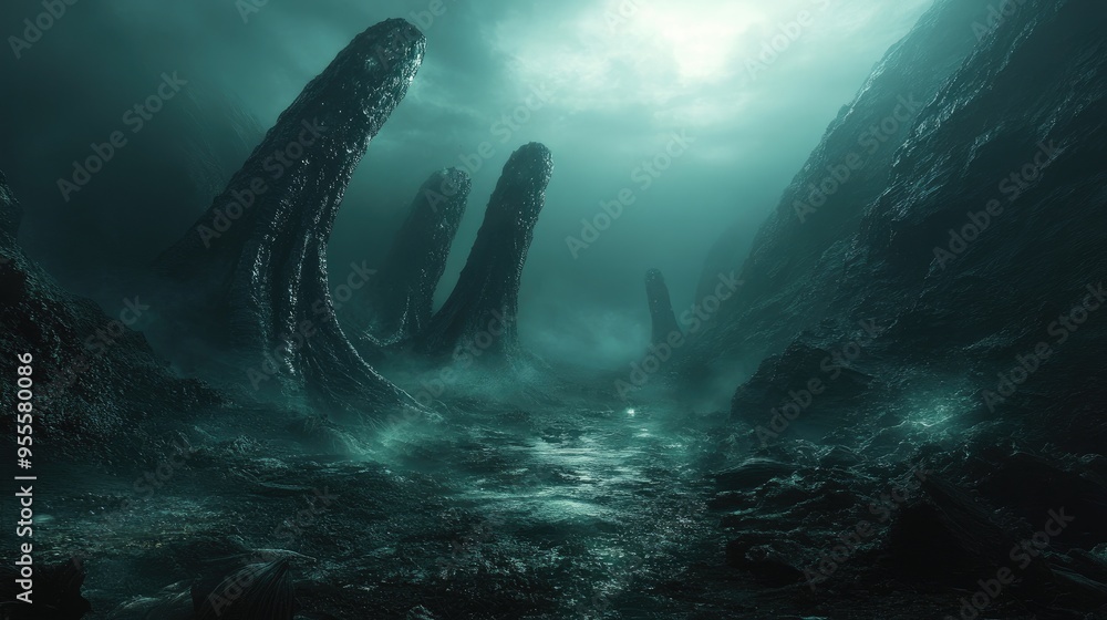 Poster a view of the deep ocean floor with sparse, eerie light and strange, alien-like creatures moving slo