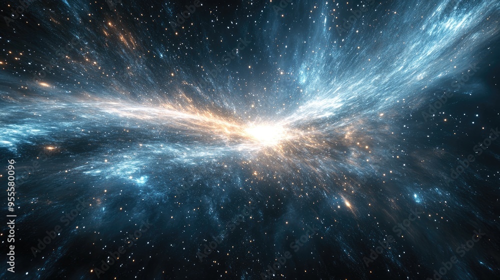 Poster a view of the cosmos distorted by the effect of hyperspace travel, creating a sense of depth and spe