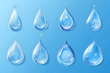 Realistic water droplets vector style set isolated on blue background