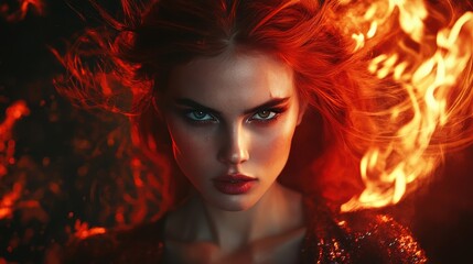 Fototapeta premium A passionate woman with vibrant red hair captivates the viewer, surrounded by a fiery backdrop that enhances her striking features